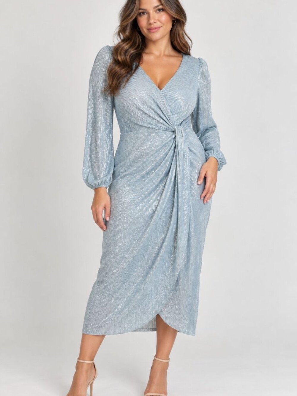 Baltic Born Devlyn Metallic Dress NWT Size L Blue Silver Midi Wedding Guest